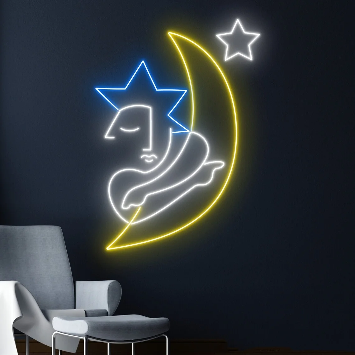 Abstract Girl Moon Neon Sign Abstract Face Led Sign Half Face Wall Decor Bedroom Wall Decor