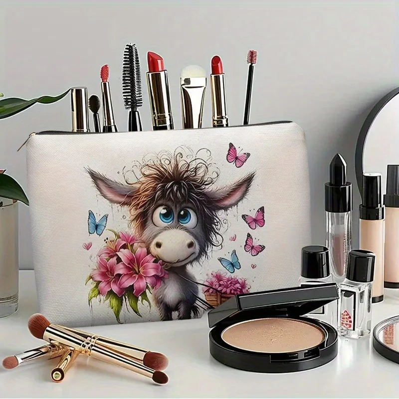 1Pc Cute Cartoon Donkey and Floral Retro Design Multifunctional Travel Makeup Bag, Snack Storage Bag, Stationery Storage Bag, Fashionable Toiletry Bag, Canvas Double-Sided Printed Zipper Pouch