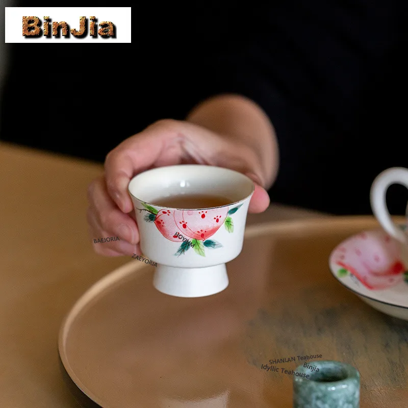 BAEJORIA Powder Yin Hand-painted Longevity Peach Teacup Retro Tea Bowl Tea Pair Tea-tasting Meditation Cup Chazhan Master Cups