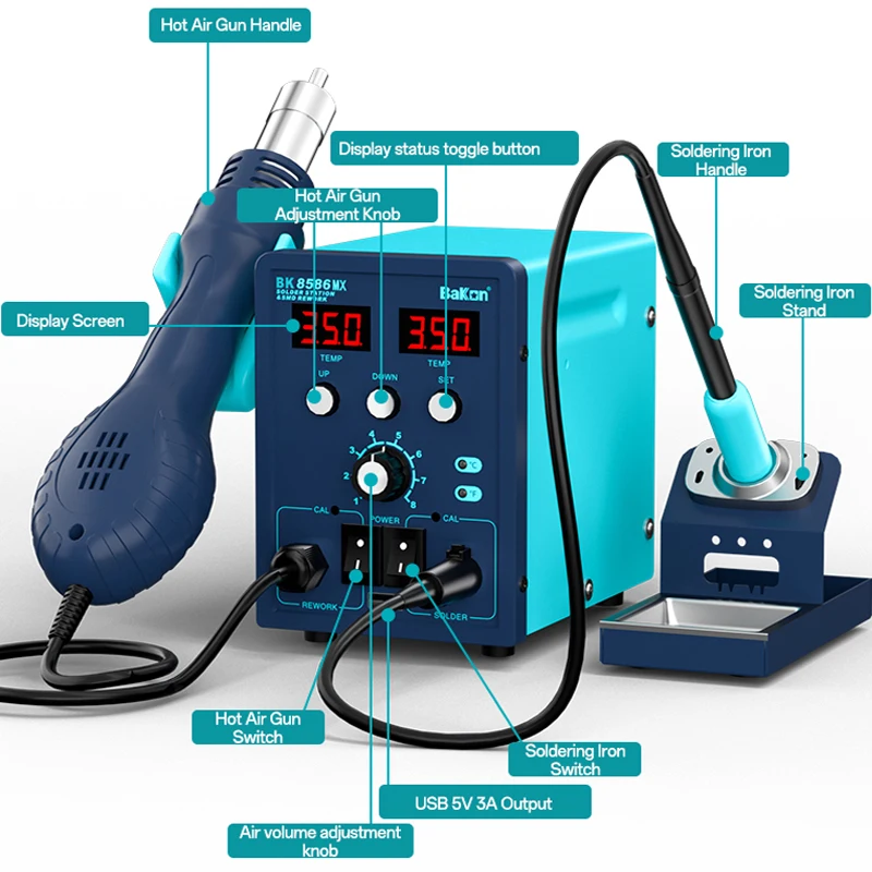 Bakon 1000W 2 in 1 Soldering Station BK8586MX C210 Hot Air Gun Rework Soldering Iron LED Digital Display for SMD PCB IC Repair