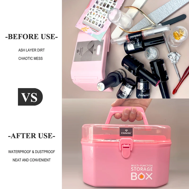 Double Layer Storage Box Multi Functional Makeup Organizer Case Nail Dryer Case Nails Manicure Tools Hand-held Container Pink Co