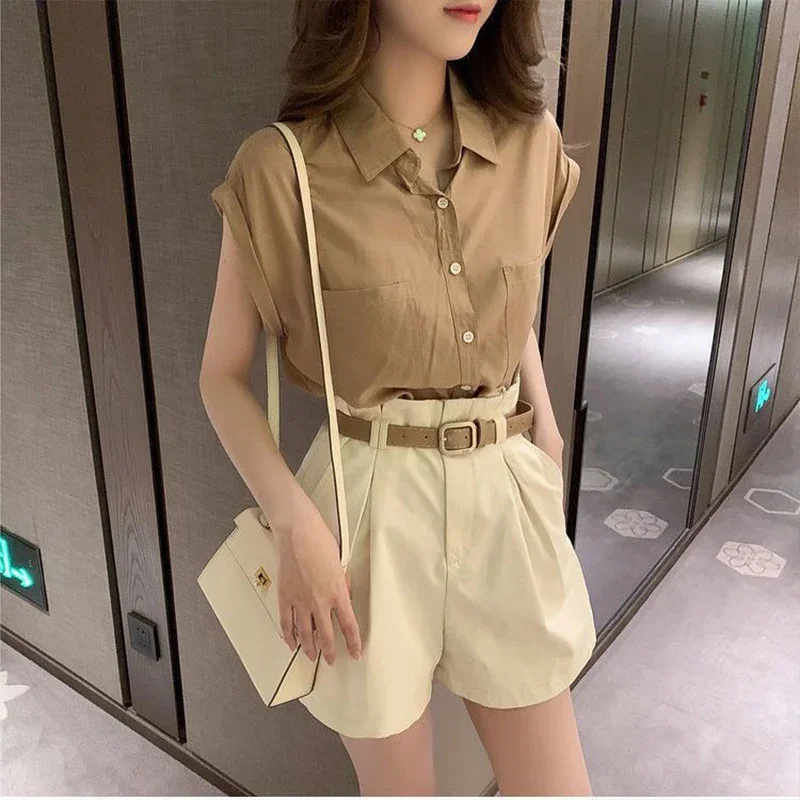 

Summer 2024 New Casual Fashion Women's Set Shoulder Short Sleeved Shirt Top+belt Wide Leg Shorts Trendy Two-piece Set for Women