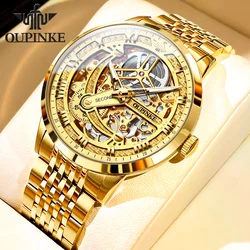 OUPINKE 3173（Special Offer）Gold Watch for Men Skeleton Hollow Crystal Mirror 50M Waterproof Automatic Mechanical Watch Man