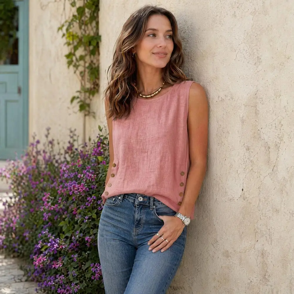 Women's Casual Linen Cotton Tank Top Round Neck Sleeveless Button Side Summer Tee