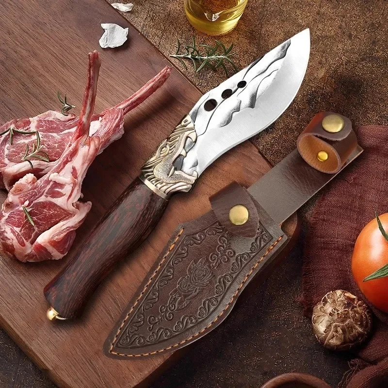 Boning Knife Wood Handle Chef Slicing Knife Vegetables Fruit Paring Fish Knife Forged Meat Cleaver Butcher Knife with Sheath