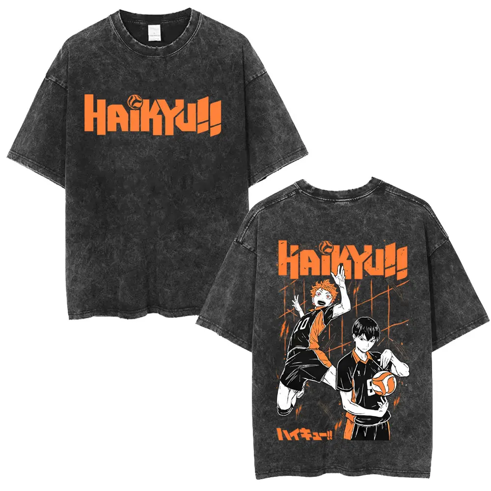 Washed Vintage Anime Haikyuu Hinata Shoyo Tobio Kageyama Graphic T-shirt Men Women Manga Oversized T Shirt Men's Cotton T-shirts