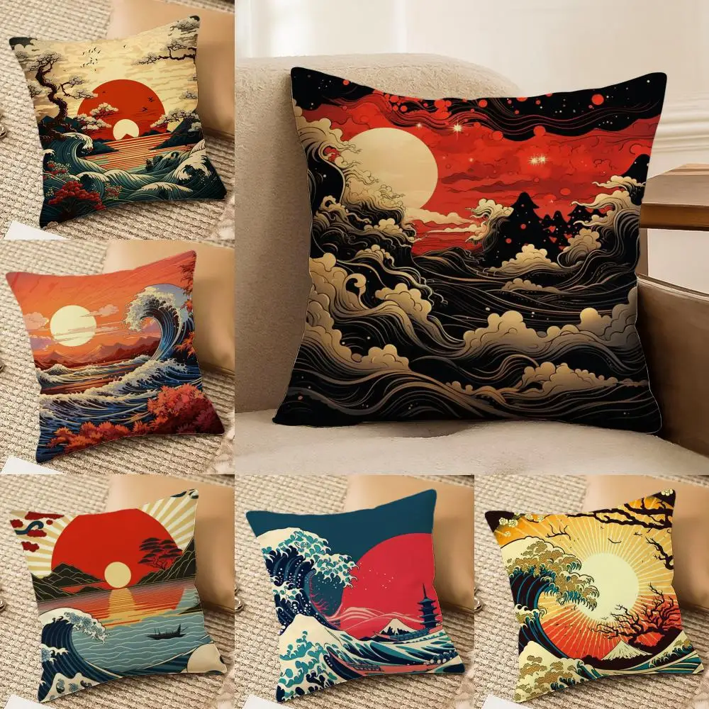 Japanese Waves Cushion Cover Soft Plush Double-Sided Printed Sofa Pillow Cushion Cover | Cozy All-Season Durable Decor Gift