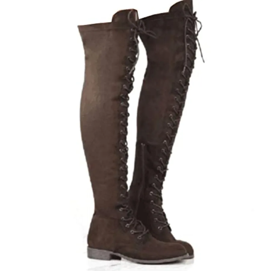 YING LAN Women's Over The Knee Low Heel Lace Up Tall Boots
