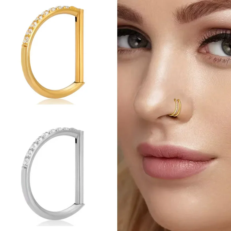 ASTM F136 Titanium Nose Ring D Shape Septum Piercing Segment Ring Clicke Jewelry CZ Nose Earrings Lip for Half Ring Cartilage