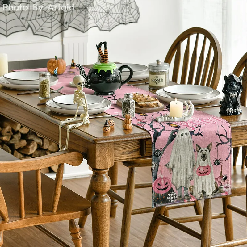 جديد هالوين الوردي الكلب مضحك الجدول العلم مفرش المائدة الكرتون الكتان طاولة القهوة مفرش المائدة الجدول الزخرفية العلم