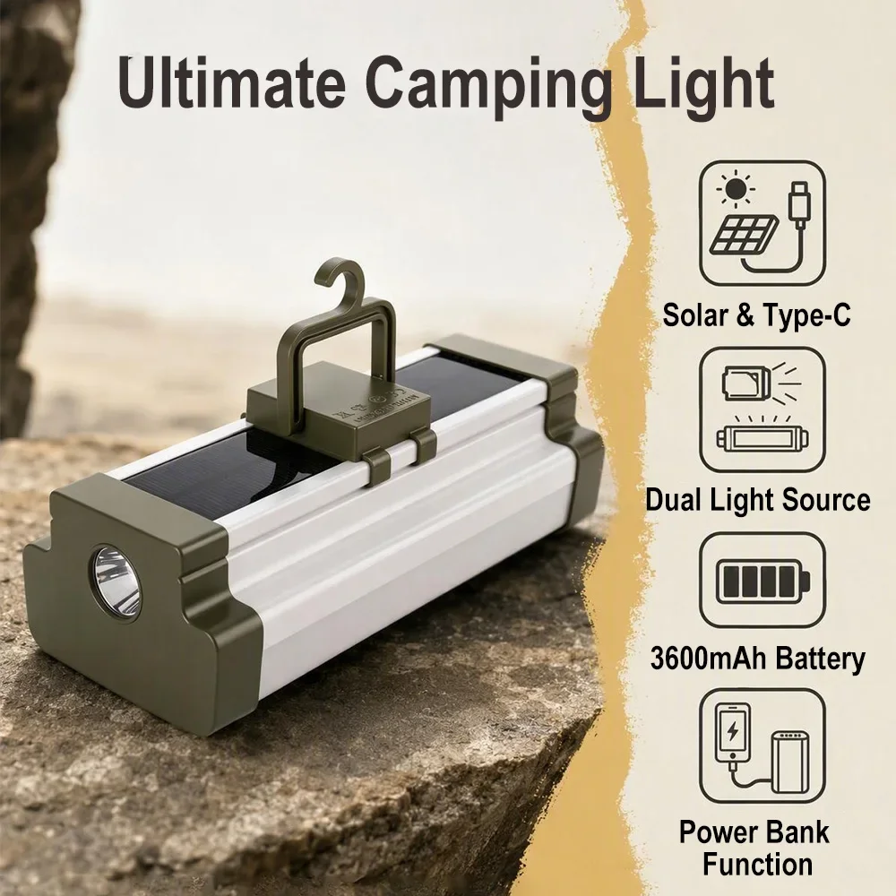 BORUIT Solar Camping Tent Light 3600mAh Rechargeable LED Lantern 6 Modes With Hook Power Display For Hiking Emergency Outdoor