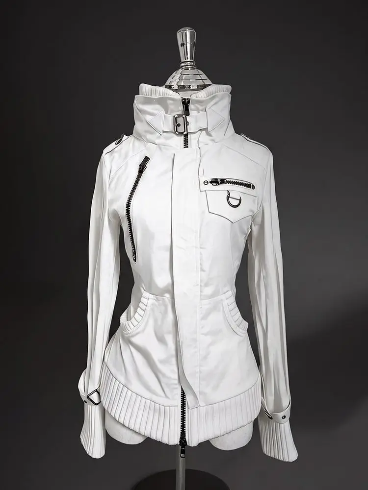 Vintage Subculture Gothic Jacket Women Slim Fit Zipper Buckle D-ring Pocket Decor Ribbed Hem Cuff Autumn Streetwear Outerwear
