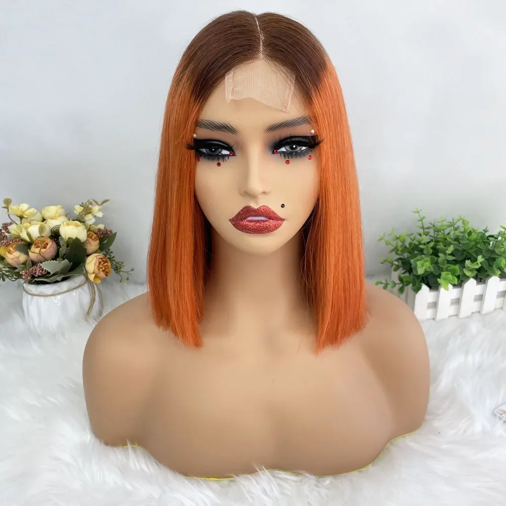 #350 Orange Colored Short Bob 2x6 Lace Closure Human Hair Wigs Vietnamese Super Double Drawn Straight Wig Pre Plucked for Women