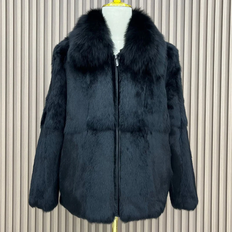 Real Genunie Natural Rabbit Fur Coat Men Fashion Real Fox Fur Collar  Jacket Closed With Zip Warm Autume Winter Custom Any Size