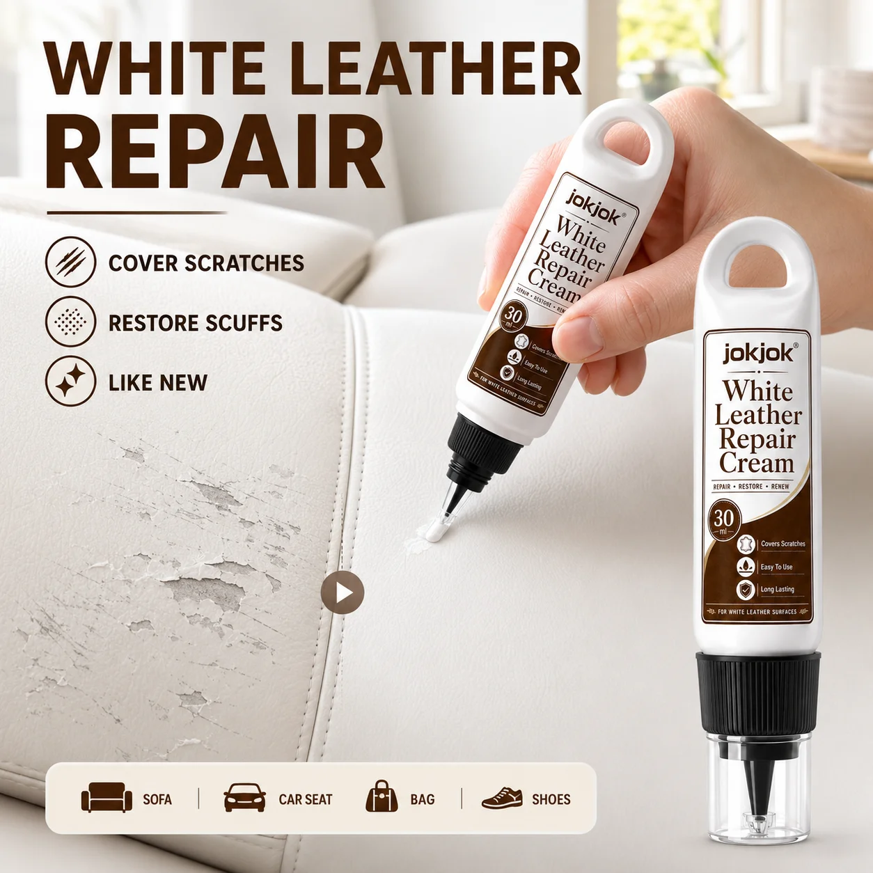 JOKJOK Leather Repair Cream White PU Leather Restorer For Car Seat Sofa Steering Wheel Shoes Scratch Scuff Fading Color Renewal