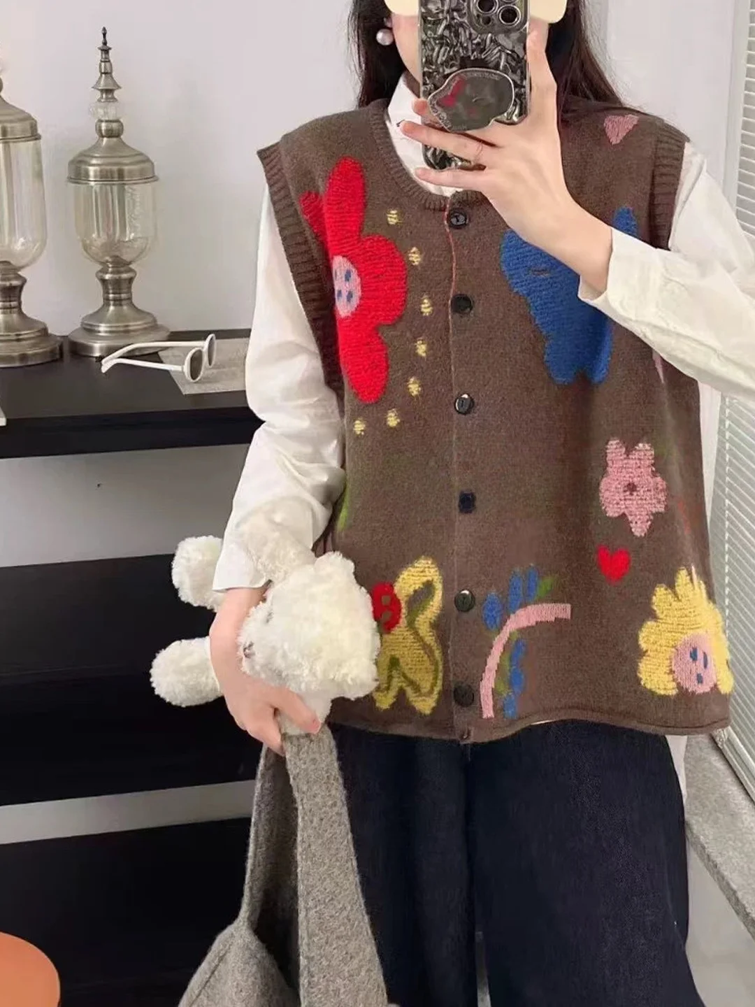 Spring Autumn Versatile Flocking Flower Spliced Color Women's Knitted Sweater Jacket plus Size Lazy Style Top Open Cardigan