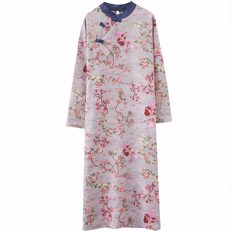 Long Sve Floral Print Cotton Linen Dr Stand Collar Button up  Loose Maxi a Line Skirt Women's Faion