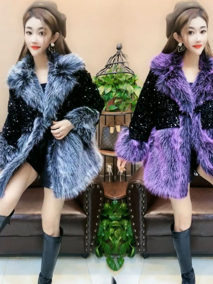 Polo Collar Long Sleeve Faux Fox Fur Sequined Fur Coat Women 2022 Winter Clothes Temperament Slimming Purple Leather Fur Jacket