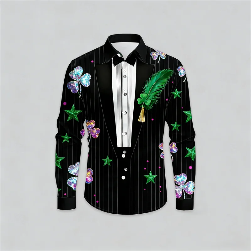 

Мужская рубашка с длинными рукавами и рисунком костюма на День Святого Патрика, рубашка в уличном стиле с 3D принтом и перьями, свободный и удобный зеленый топ