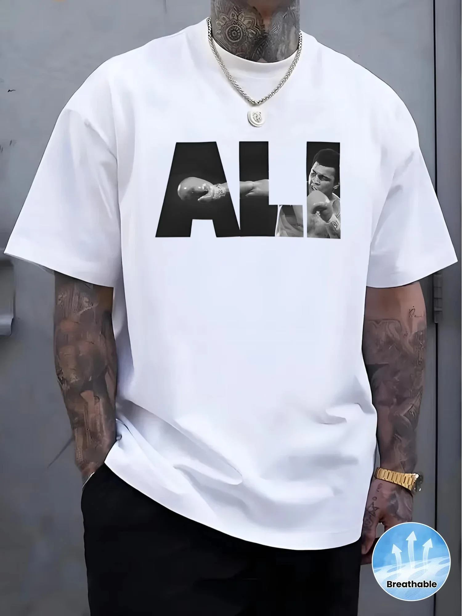 T-shirt décontracté pour homme avec motif de boxe - Doux et respirant, T-shirt d'été avec impression en hommage à Ali, Coupe