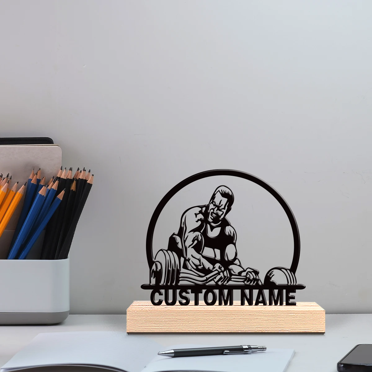 1pc Creative lift Custom Letter Tin Statue Metal Ornament Metal Sculpture With Wood Base Art Crafts With Wood Base Bedroom Table