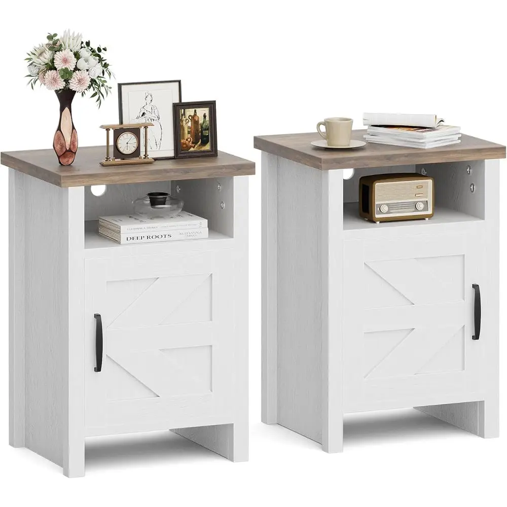 

Rustic Barn Door Nightstand with Shelving, White End Table for Bedroom or Living Room