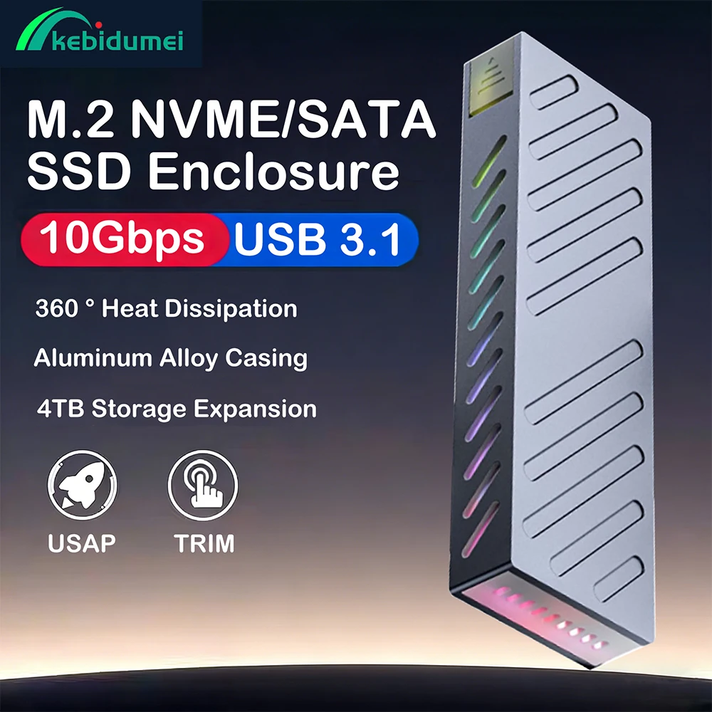 

Kebidumei M.2 SSD Корпус M2 SATA/NVME Внешний жесткий диск Коробка 10 Гбит/с Интерфейс USB3.1 RGB SSD Коробка Инструмент Бесплатная поддержка UASP TRIM