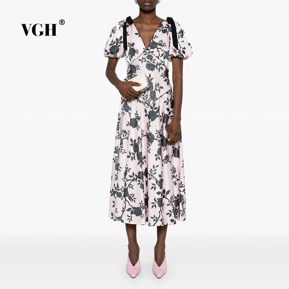 

VGH Casual Printing Slimming Long Dresses For Women V Neck Short Sleeve High Waist Temperament Draped Dress Female Fashion New