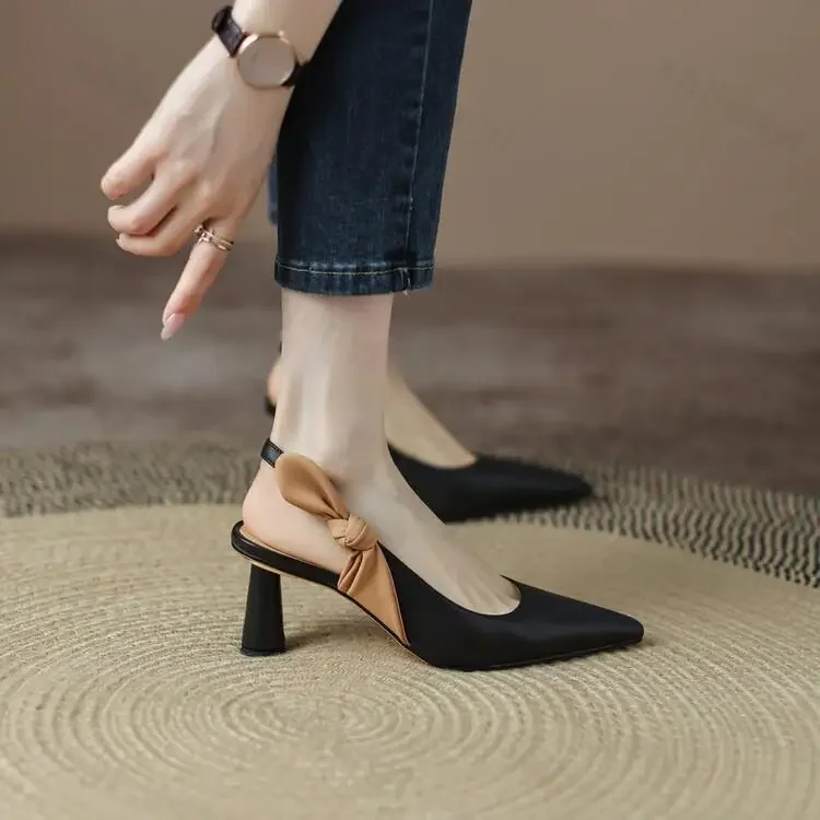 

White Back Hollow Small High Heeled Sandals Women Retro One Line Pointed Low Heels Professional Single Shoes Platform Sandals