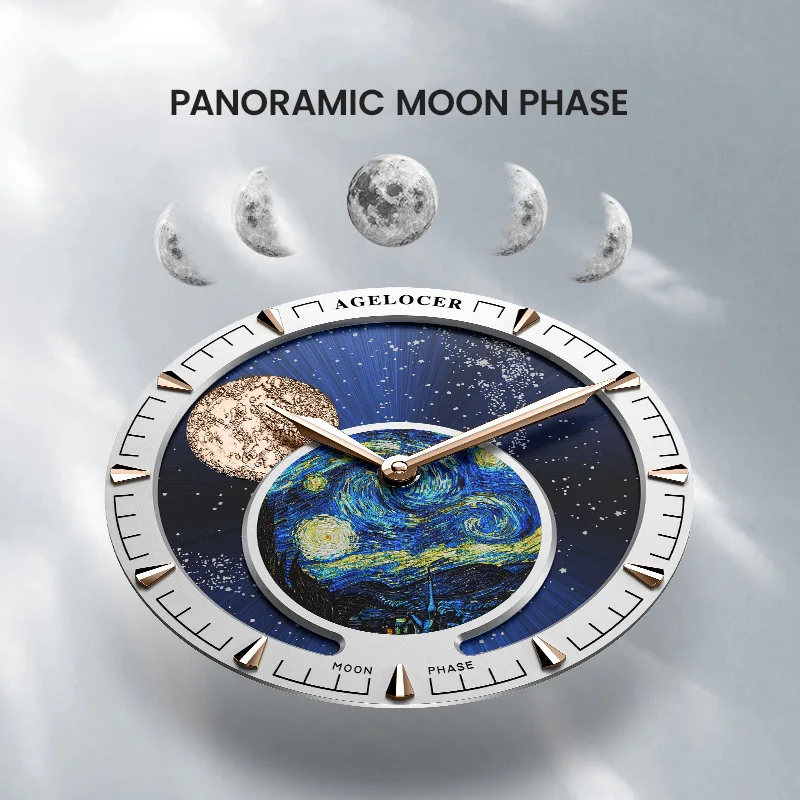 AGELOCER Original Astronomer Watch Steel Strap Van Gogh Oil Painting Men Luxury Automatic Mechanical Moon Phase Watch
