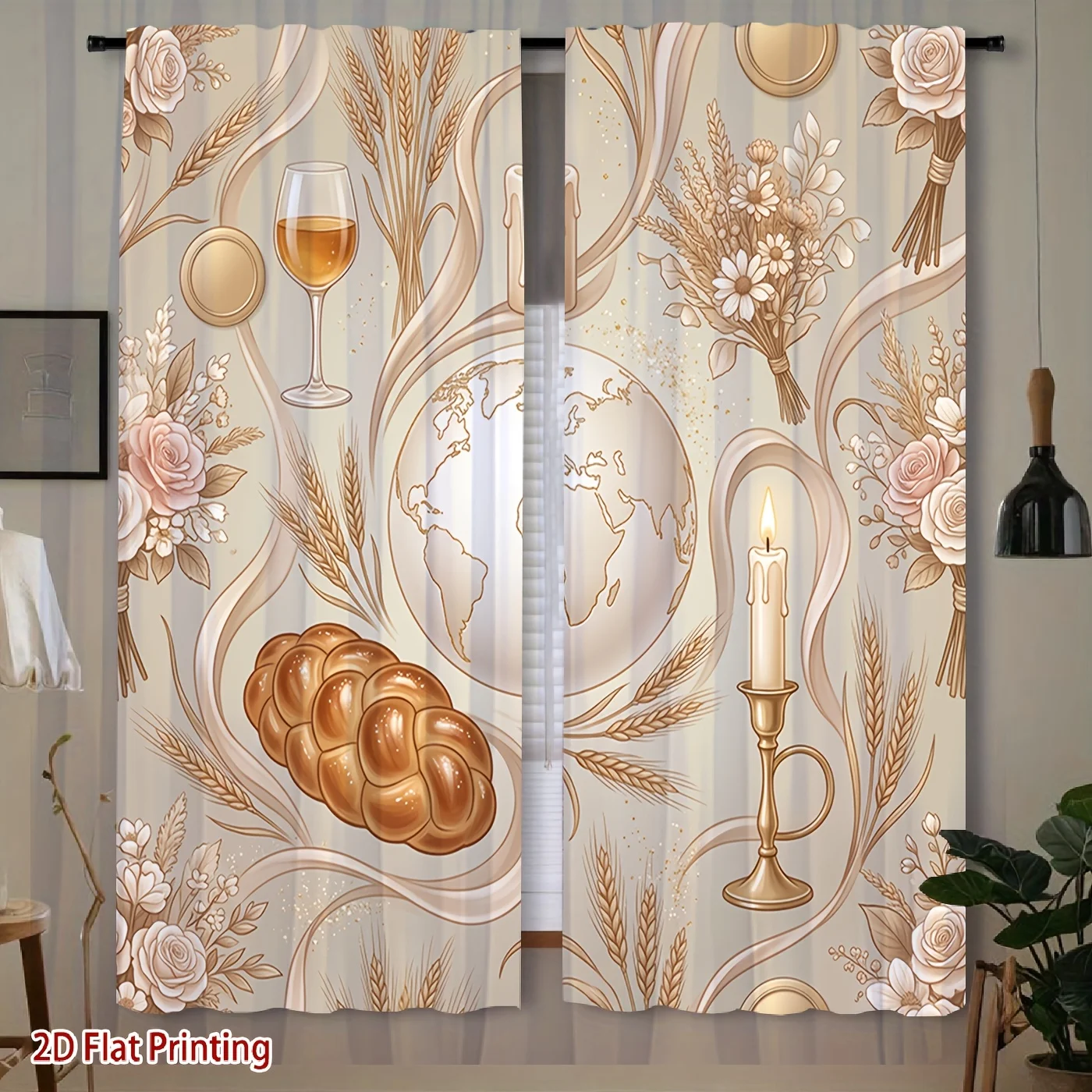 2PCS Digital Print Curtains Shabbat Wheat Bread Candle Jewish Rod Pocket
