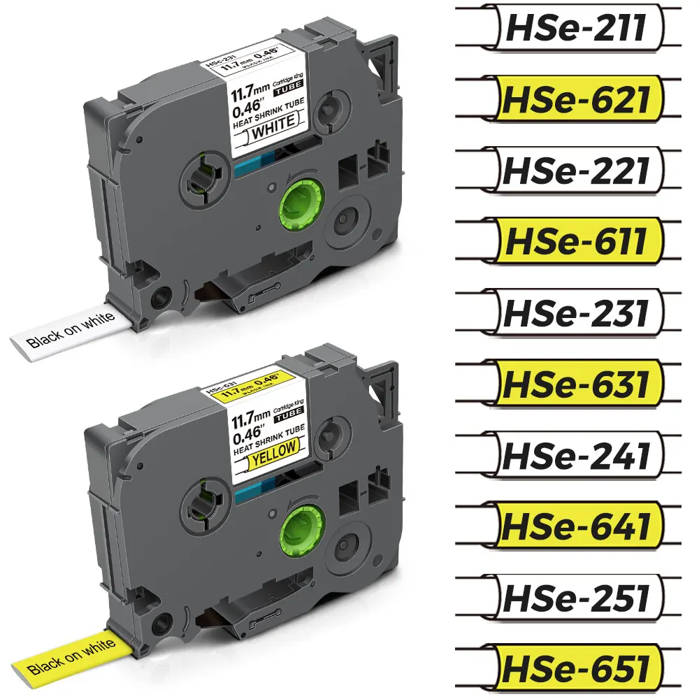 10PK Compatible Brother Heat Shrink Tube Tapes HSe231 HSe221 HSe211 HSe241 HSe641 HSe631 HSe Tapes for Brother P-touch Labeller