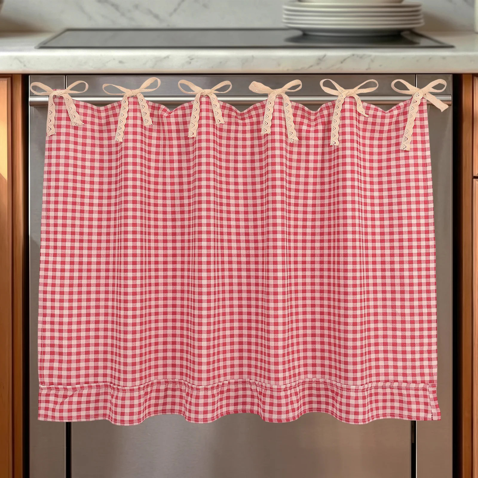 Handmade Plaid Oven Skirt with Ruffle Trim Decorative Farmhouse Stove Curtain Neat Looking Oven Front Tie Top Kitchen Curtain