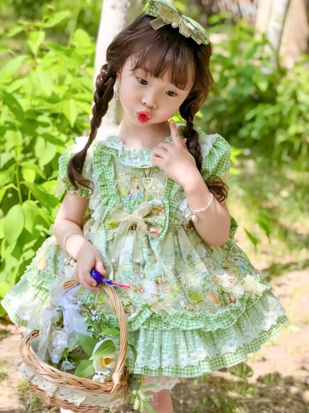 3PCS 0-12Y Baby Girl Summer Spring Rabbit Spanish Vintage Lolita Princess Dress with Pants Hairbow for Easter Birthday Holiday