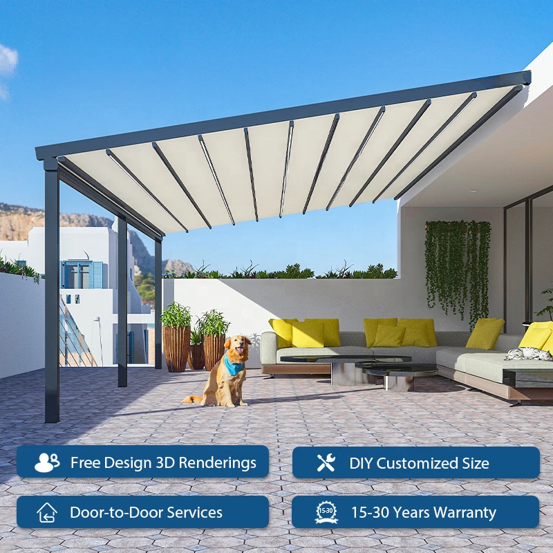 Retractable PVC Roof Motorized PVC Canopy Foldable Awning Roof Retractable Roof Pergola All Weather Outdoor Backyard Shelter