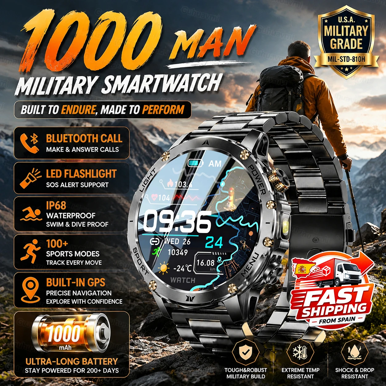 Nouvelle montre intelligente durable pour les hommes en plein air 1000mAh Grande batterie Tracker de chemin de mouvement Compass LED lampe de poche étanche BT5.3 Appel vocal Assistant Sport Fitness Montre intelligente pour les hommes
