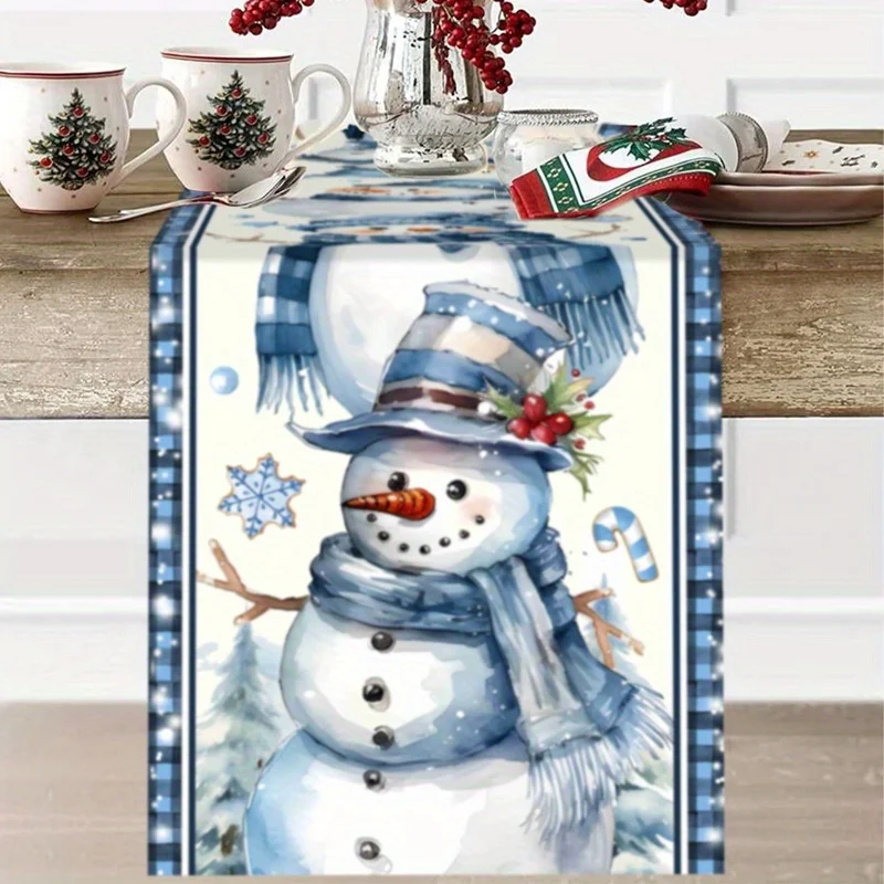 1 Piece Blue Snowman Christmas Table Runner - Suitable for Family Gatherings and Party Centerpieces, Christmas Decorations
