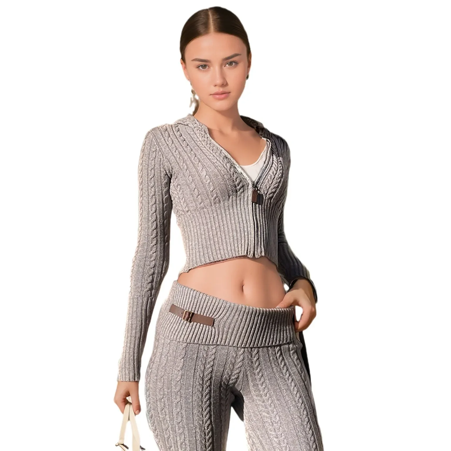 Knitted Long Sleeve Zipper Hooded Women Two Piece Sets Thicken Sweater Skinny Long Pant Suit Solid Casual Sweatshirt Set