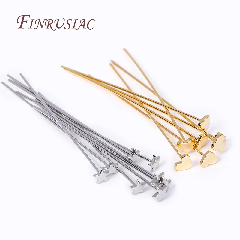 10/20/30 قطعة بالجملة 0.7 مللي متر * 50 مللي متر 18K مطلية بالذهب القلب/نجمة على شكل دبوس مسطح للخرز ، دبوس عالي الجودة لصنع المجوهرات ذاتية الصنع