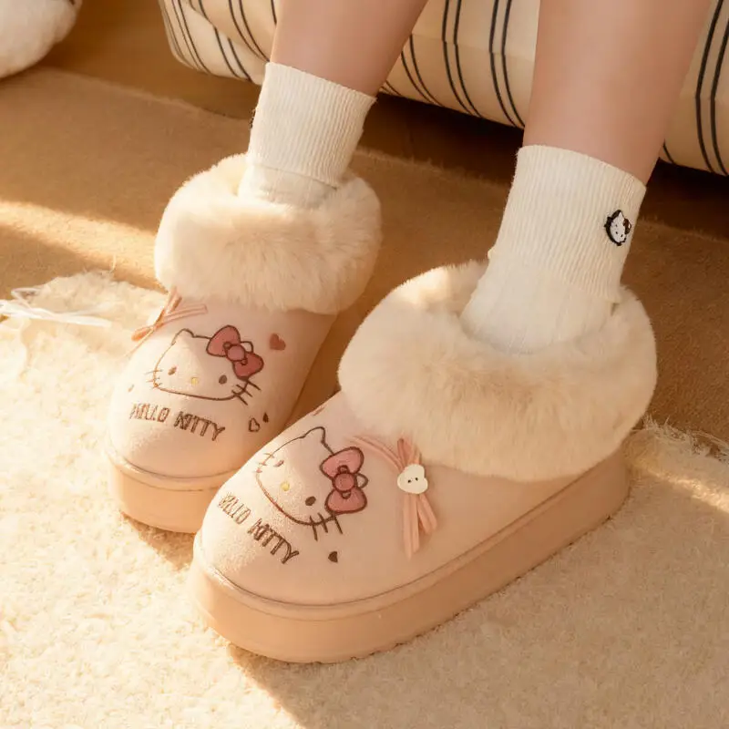 Cartoon Plush Cotton Slippers San-rio Hello Kitty Anime Women's Winter Warm New Anti-Slip Wear-Resistant Thick Sole Home Shoes