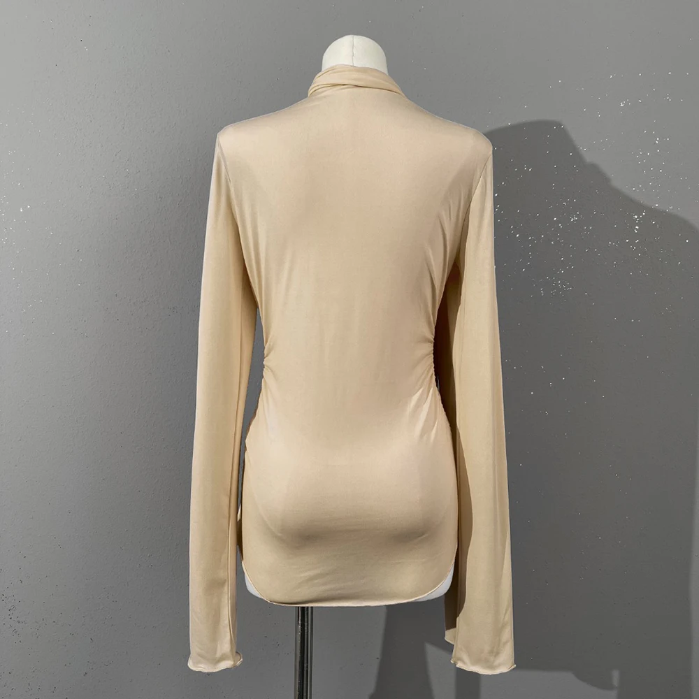 Women Long Sleeve Blouse 3D Rose Ruched V Neck T Shirt With Neck Scarf Elegant Slim Fit Split Hem Top Party Clubwear Y2K 2026