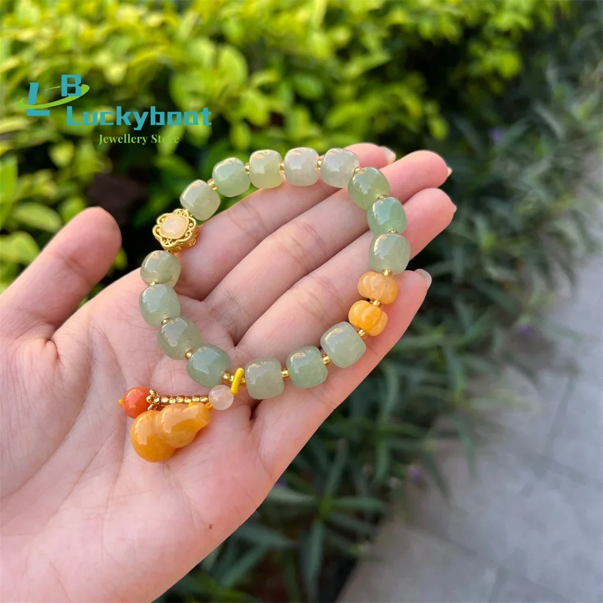 Natural New Dongling Jade Barrel Beads Chinoiserie Style Jade with Gold Silk Jade Pumpkin Beads Gourd Pendant Hand String Gift