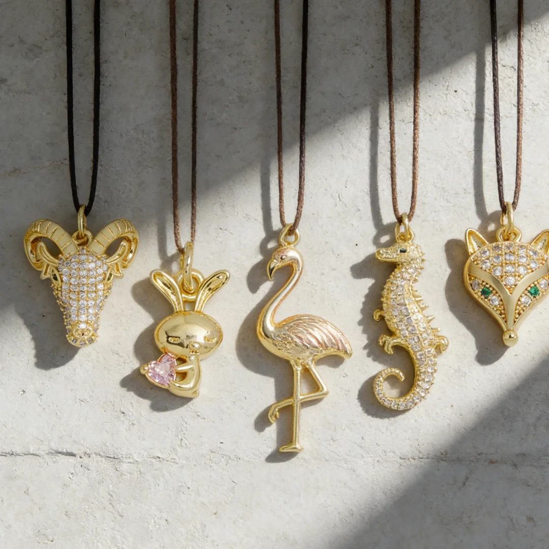 6Pcs Pendants Brass Color Zircon Animal Charms for Diy Jewelry Necklace Bracelet Making Sheep Head Rabbit Fox Crane Accessories