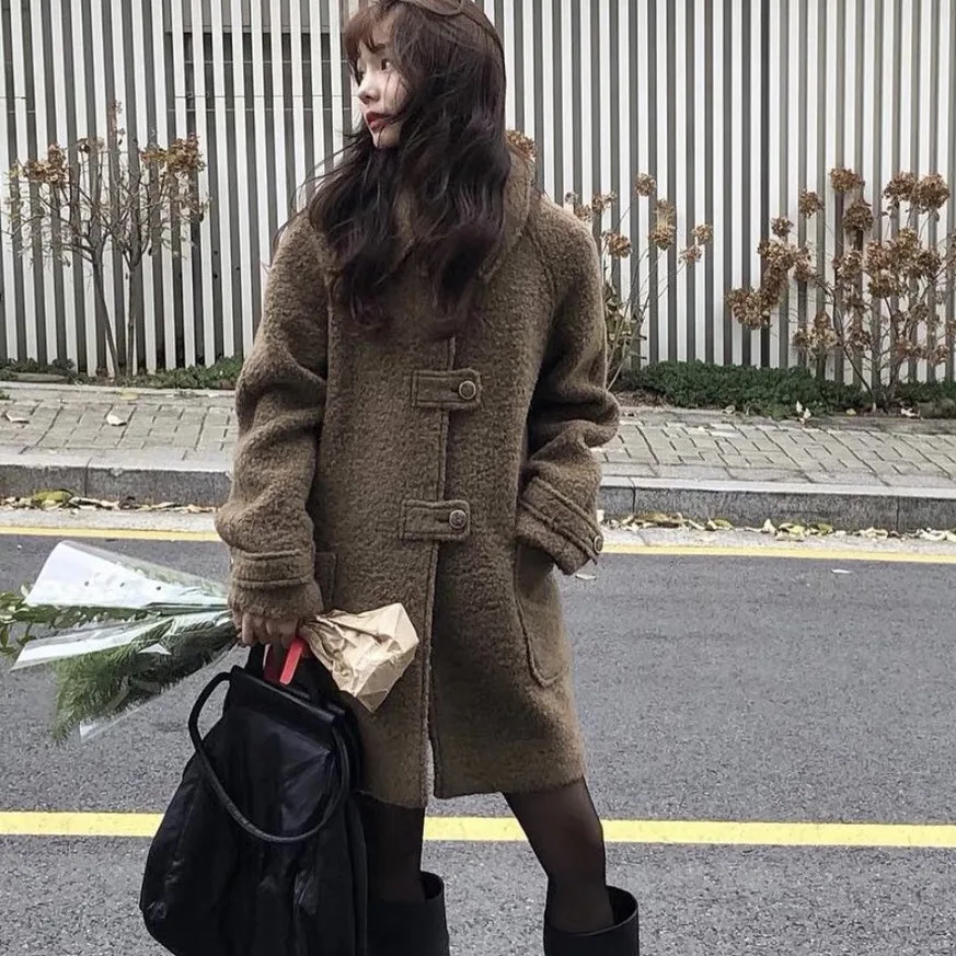 

Women's Winter Woolen Coat Vintage Collar Mid-Length High-End Feeling Long Sve Korean Sle Commute Pure Color