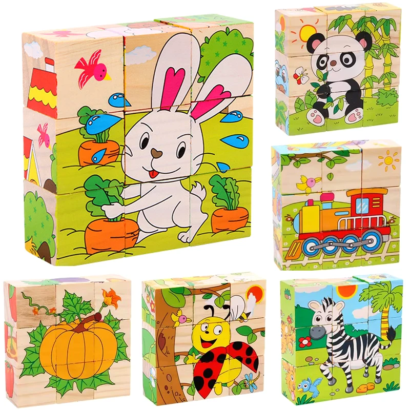 Puzzles cubes en bois animaux fruits trafic