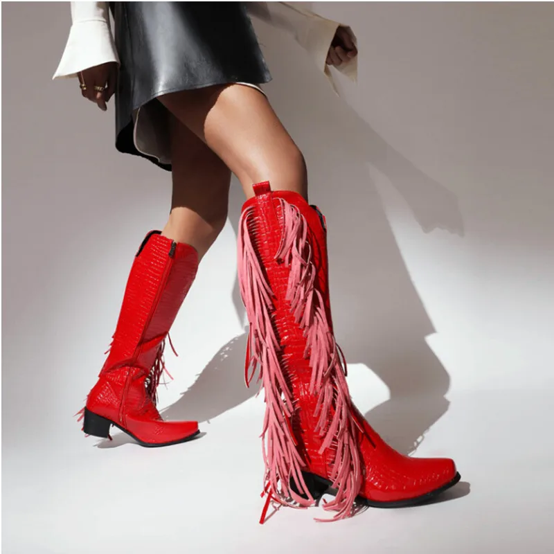 

48 Yards Plus Size Four Seasons Women's Boots Thick Heel Tassel High-top Knee Boots European and American Fashion Party Boots