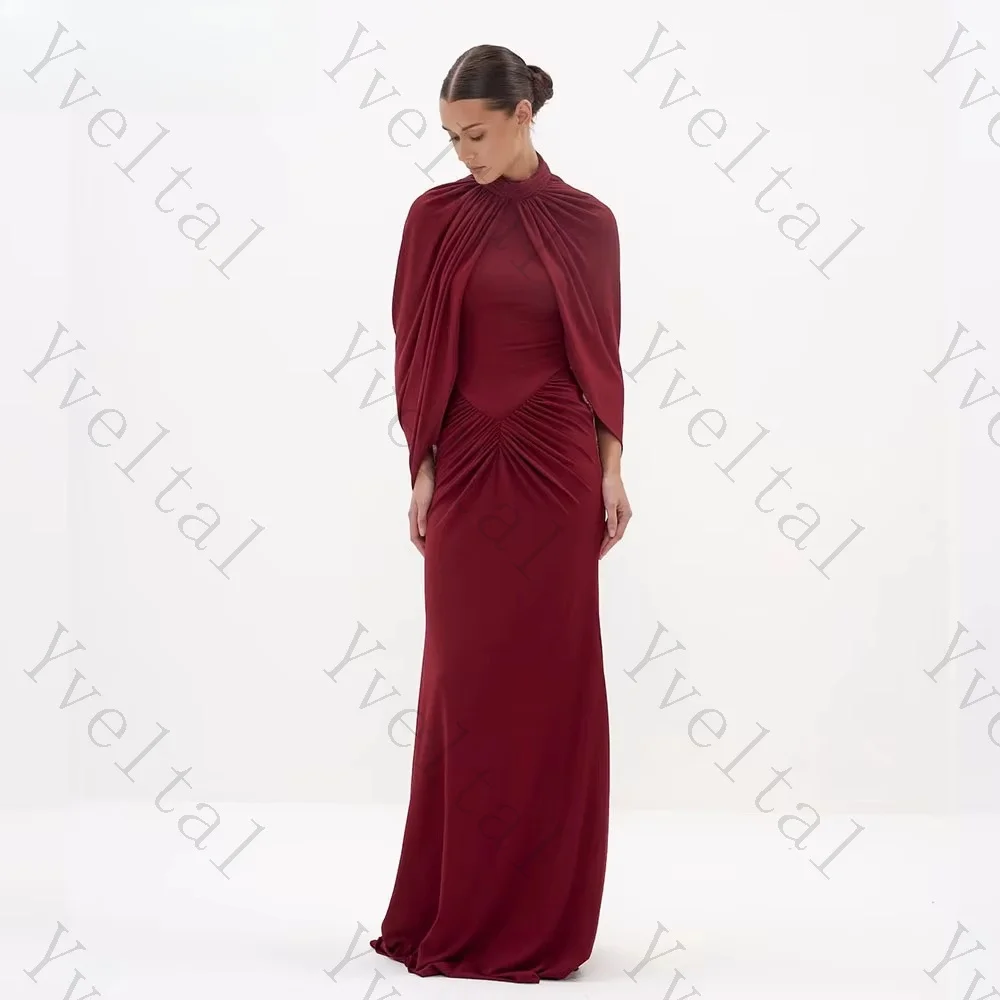 Customized High Neck Draped Evening Gown Front Ruched Mermaid Long Dress Detachable Cape Sleeves for Formal Wedding Guest Party