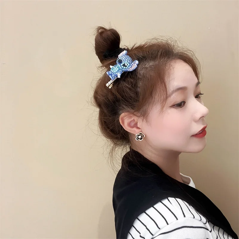 Disney Cartoon Lilo & Stitch Hair Accessories Figure Fashion Diamond Hair Clip for Girls Kawaii Modeling Rubber Band Girls Gifts