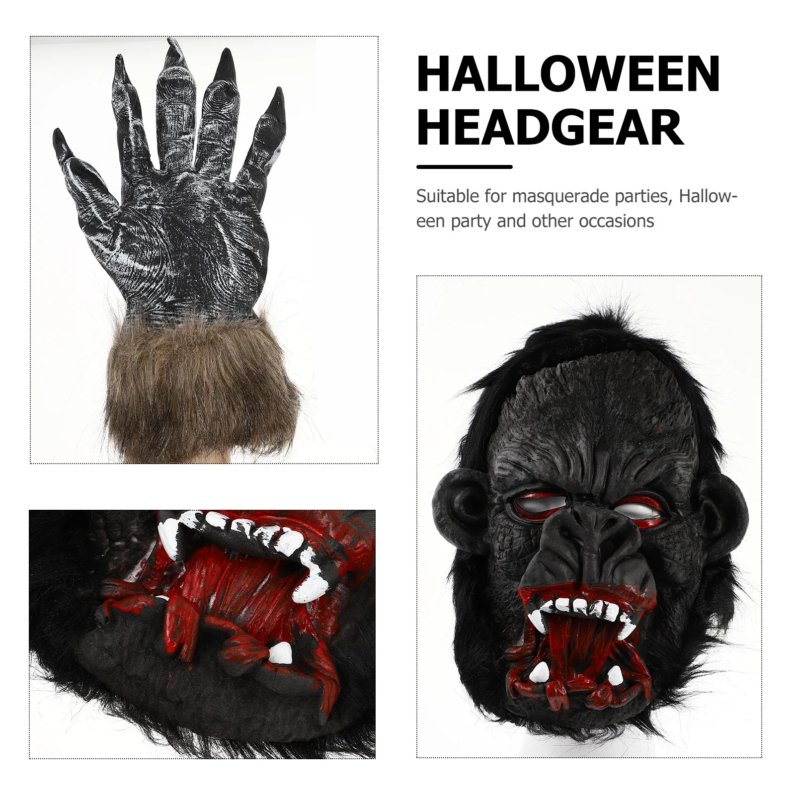 Gorilla Headgear Halloween Horror Horrible Cover Gloves Lifelike Scary Animal Creepy Costume for Kids