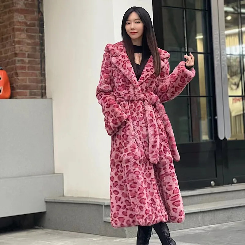 2022New Winter Women Real Hooded Rabbit Fur Coats   Fashion Long Pink Leopard Simple Warm Ladies Outerwear Luxurious Street